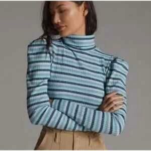 Anthropologie Maeve Puff-Sleeve Striped Turtleneck Top Medium